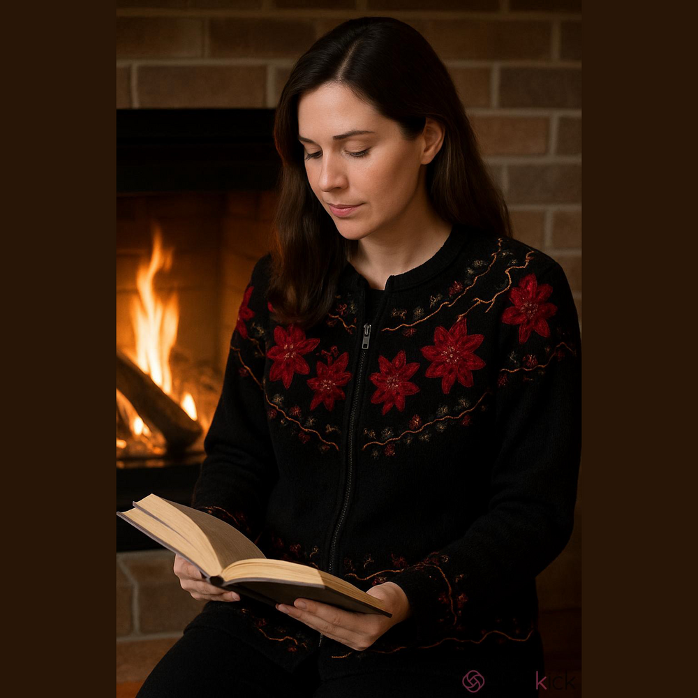 Vintage Embroidered Christmas Poinsetta Cardigan Sweater cottagecore granny